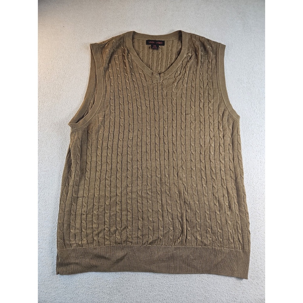 Linea Uomo Men's XXL Brown Cable Knit V-Neck Sweater Vest 100% Acrylic
